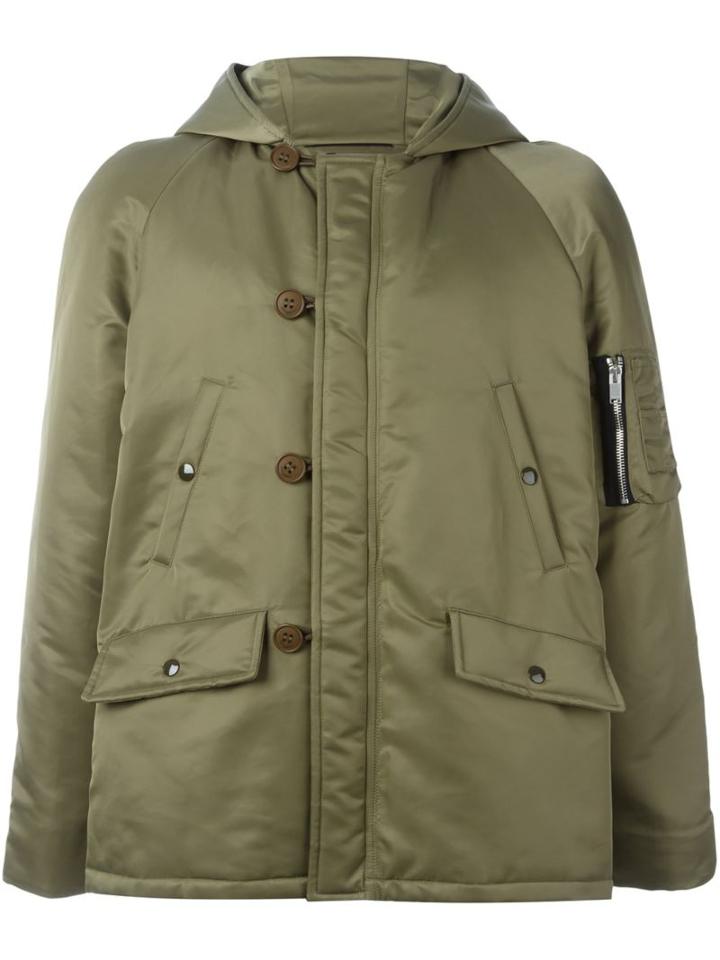 Saint Laurent Bomber Parka Coat, Men's, Size: 52, Green, Nylon/cotton