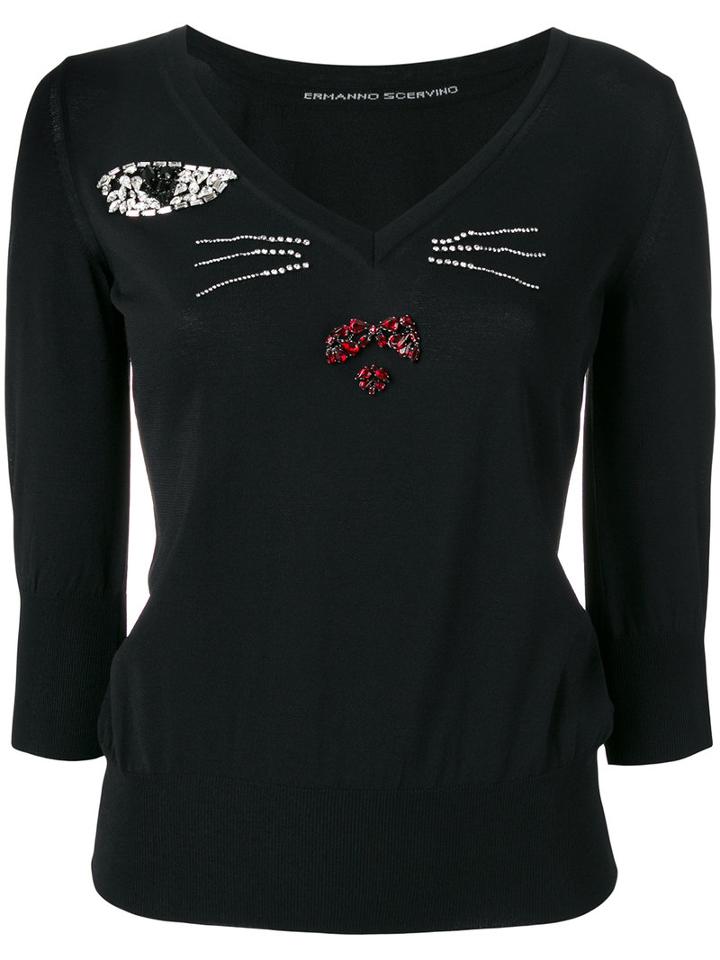Ermanno Scervino Cat Face Sweatshirt, Women's, Size: 46, Black, Polyester/viscose/glass