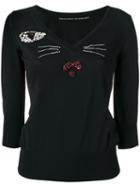 Ermanno Scervino Cat Face Sweatshirt, Women's, Size: 46, Black, Polyester/viscose/glass