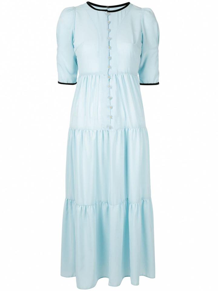 Tu Es Mon Trésor Flower Button Satin Tiered Dress - Blue