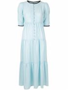 Tu Es Mon Trésor Flower Button Satin Tiered Dress - Blue