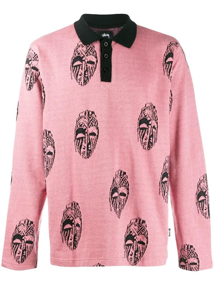Stussy Mask Print Polo Shirt - Pink