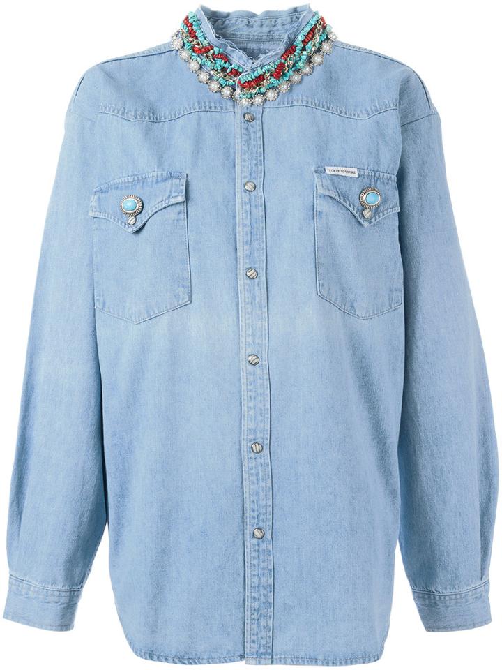 Forte Couture Stoned Collar Denim Shirt, Women's, Size: Medium, Blue, Cotton