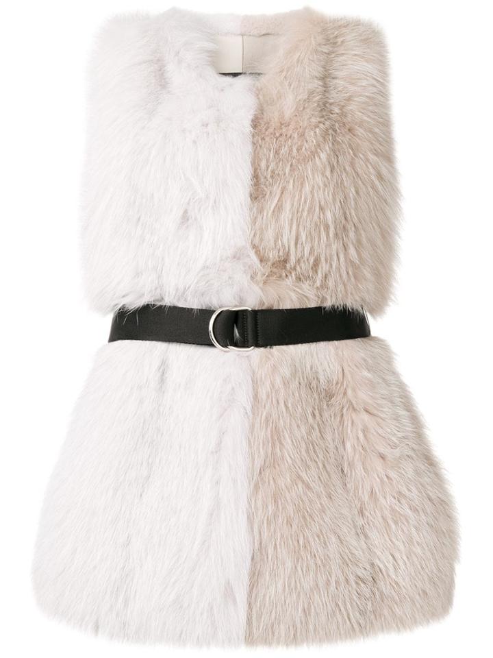 Blancha Belted Colour Block Fur Vest - White