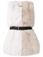 Blancha Belted Colour Block Fur Vest - White