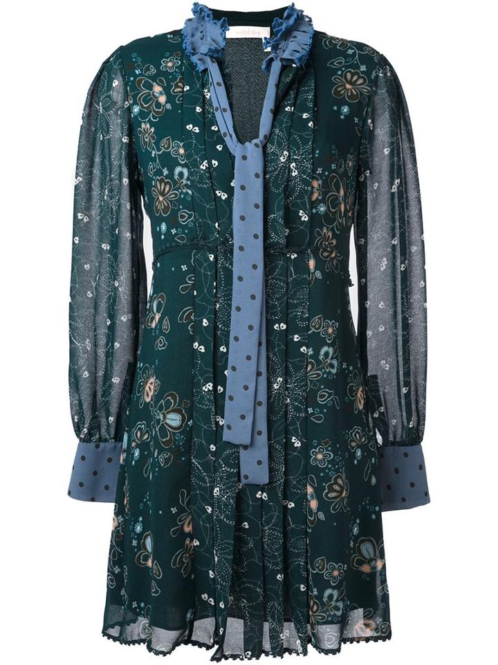 See By Chloé Floral & Dot Print Dress, Women's, Size: 40, Green, Polyester/viscose