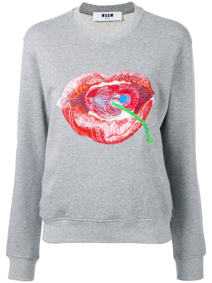 Msgm - Lip And Cherry Sweatshirt - Women - Cotton/viscose - S, Women's, Grey, Cotton/viscose