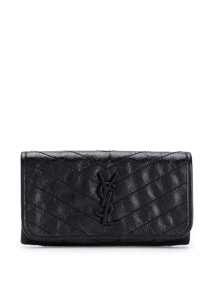 Saint Laurent Niki Crinkled Monogram Plaque Purse - Black