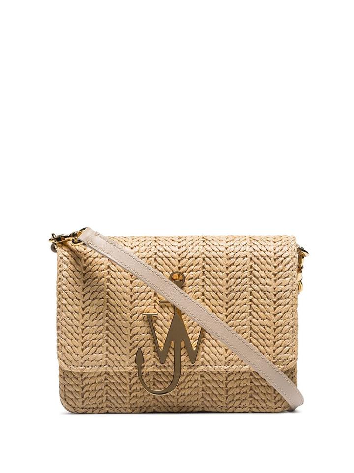 Jw Anderson Beige Logo-plaque Woven-straw Bag - Neutrals