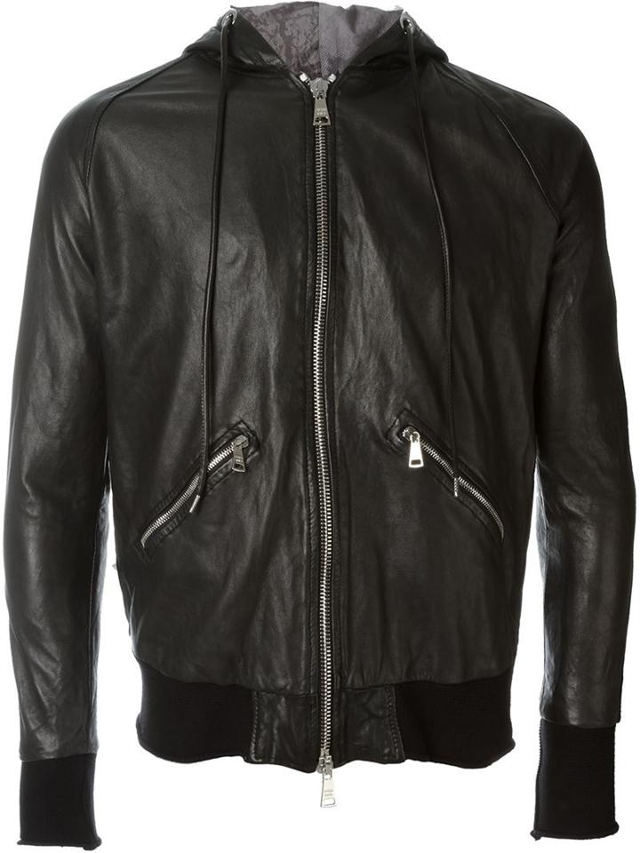Giorgio Brato Zip Up Hooded Bomber Style Leather Jacket