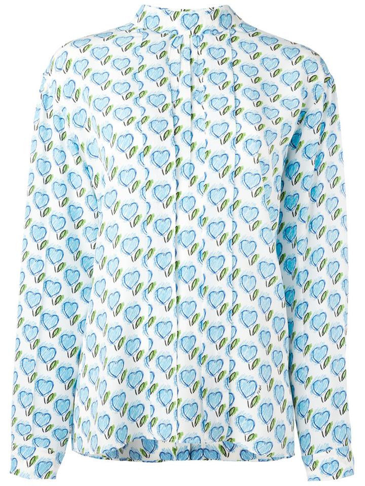 Prada Heart Print Blouse, Women's, Size: 46, Blue, Silk