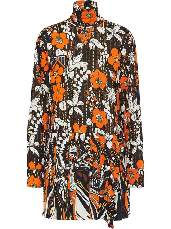 Prada Floral Mini Jersey Dress - Orange