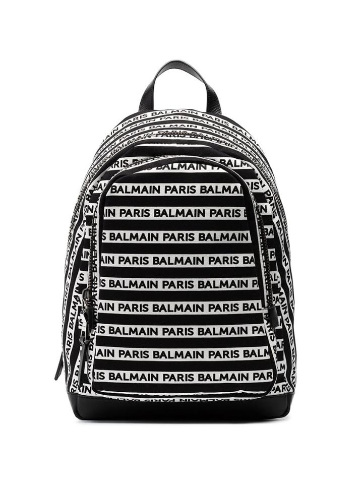 Balmain Black And White Logo Print Canvas And Leather Backpack