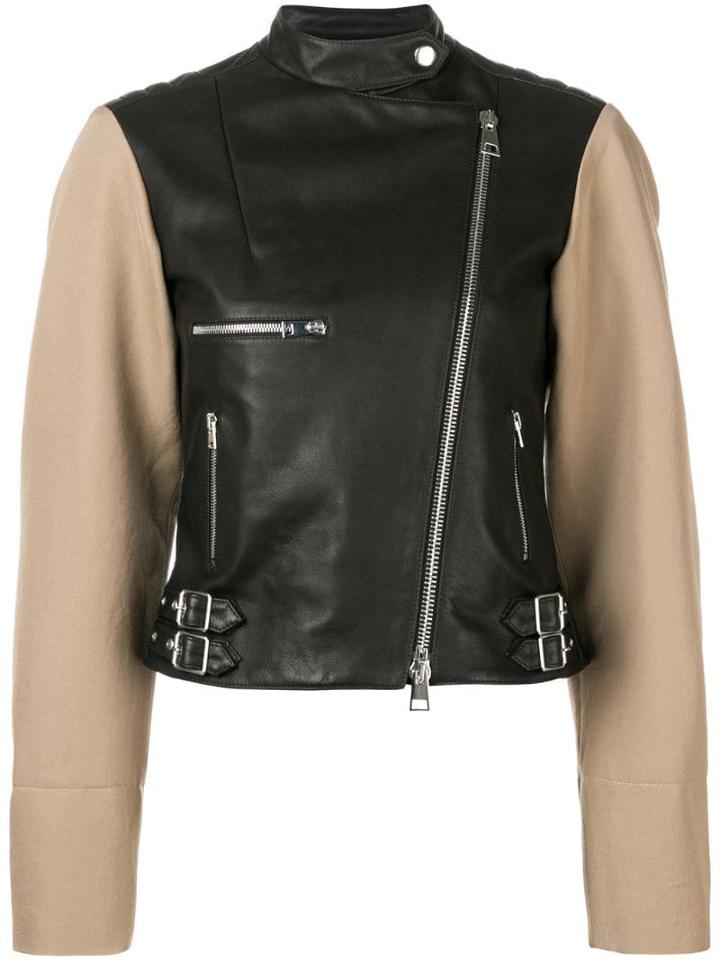 Victoria Beckham Contrast Sleeve Leather Biker Jacket - Black