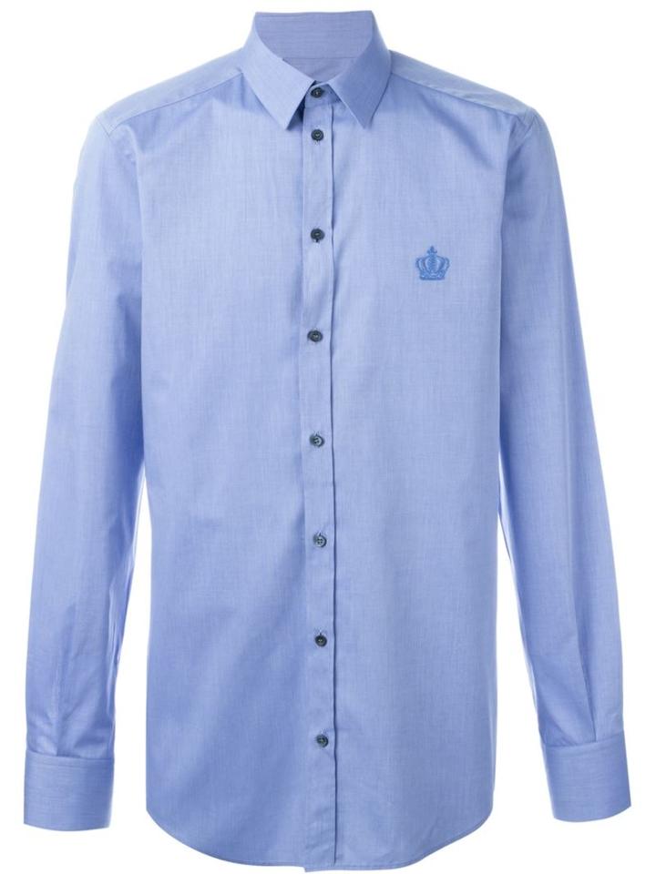 Dolce & Gabbana Embroidered Crown Shirt, Men's, Size: 42, Blue, Cotton