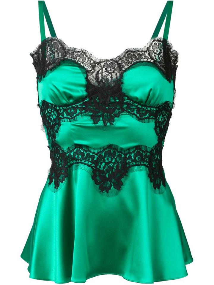 Dolce & Gabbana Lace Insert Cami, Women's, Size: 50, Green, Silk/cotton/spandex/elastane