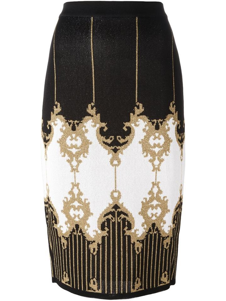 Balmain Patterned Baroque Pencil Skirt, Women's, Size: 38, Black, Viscose/metallized Polyester/polyimide