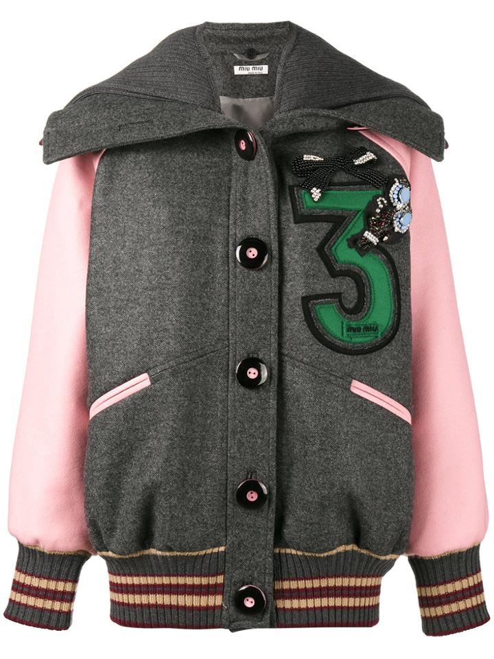 Miu Miu Embroidered Oversized Bomber Jacket - Grey