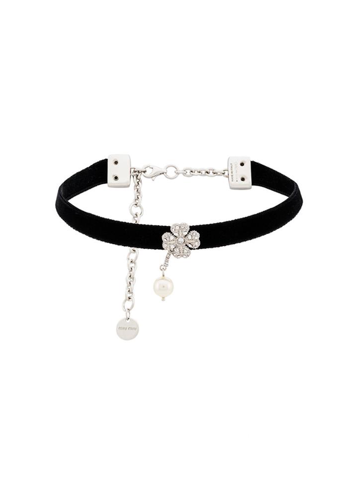 Miu Miu Flower Embellished Velvet Choker - Black
