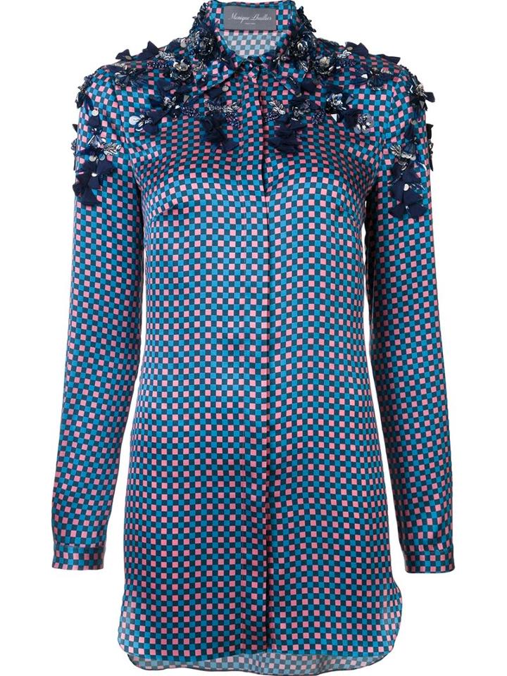 Monique Lhuillier Embellished Cubic Print Shirt, Women's, Size: 4, Blue, Silk
