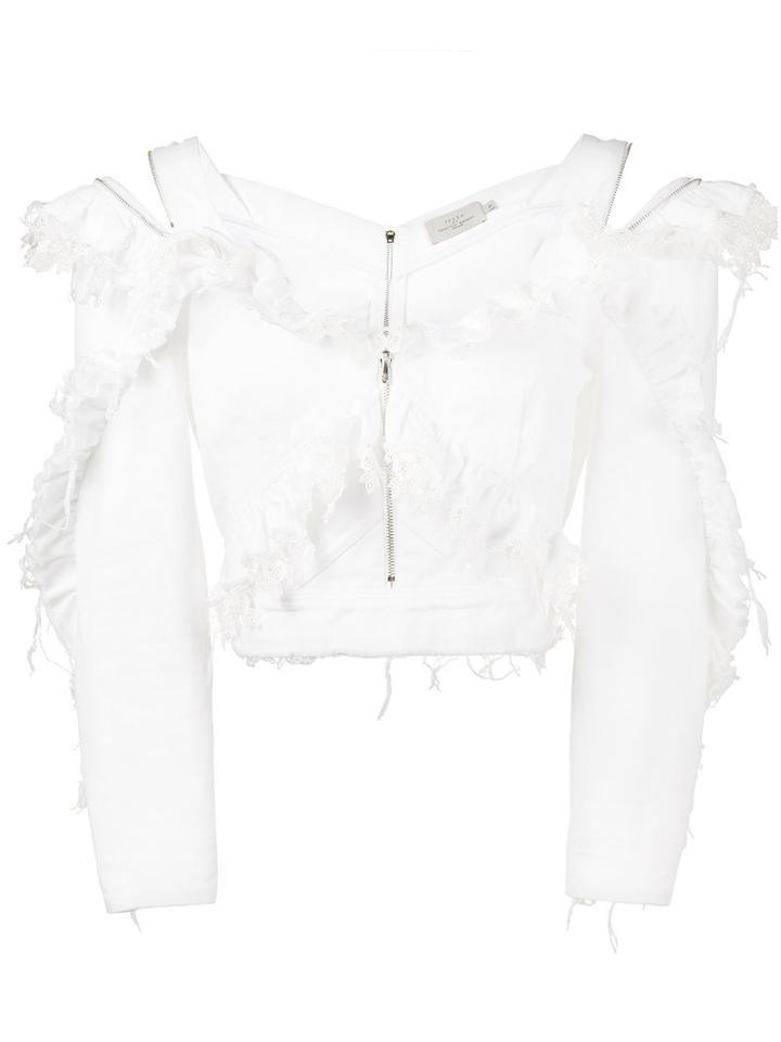 Preen By Thornton Bregazzi - Ruffle Denim Off-shoulder Top - Women - Cotton/polyamide/viscose - M, White, Cotton/polyamide/viscose