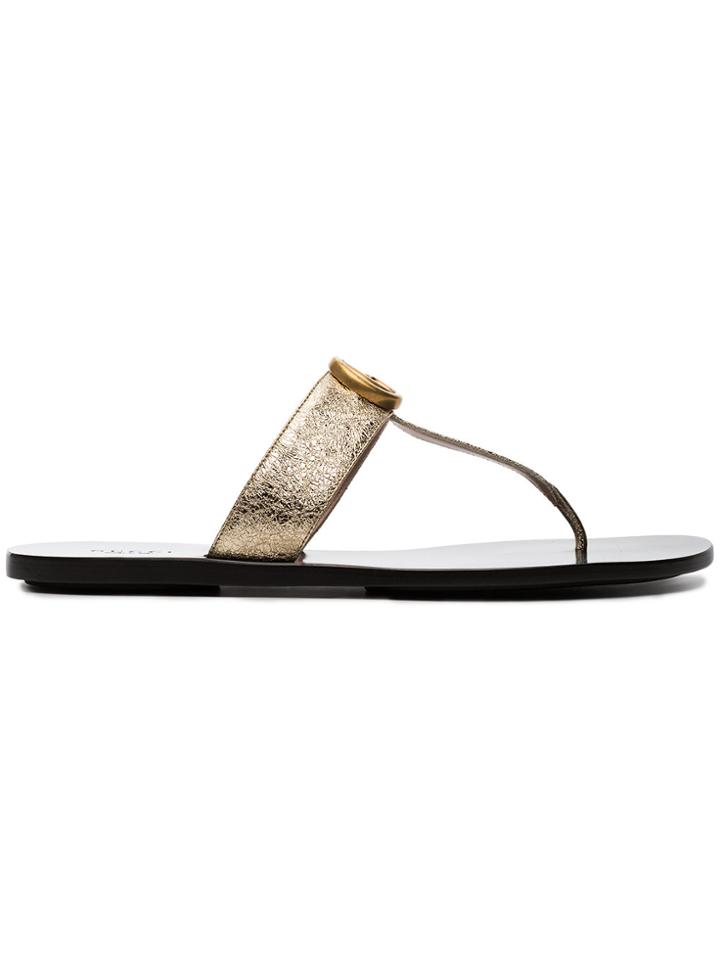 Gucci Marmont Leather T-bar Sandals - Metallic