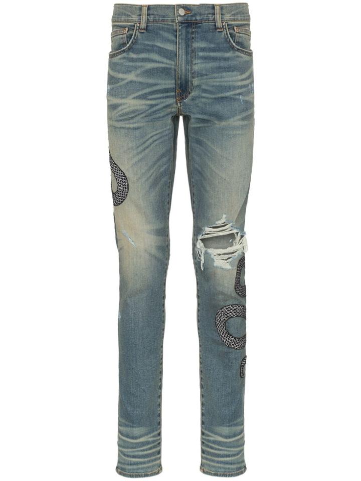 Amiri Snake Embroidered Distressed Jeans - Blue