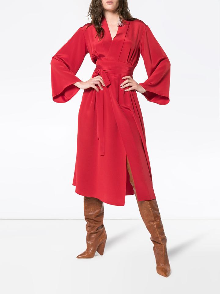 Adam Lippes Kimono Wrap Silk Midi Dress - Red
