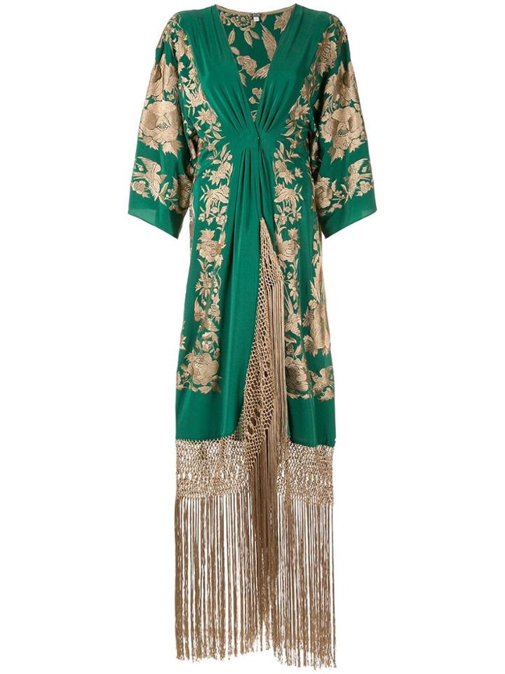Johanna Ortiz Macrame Fringe Embroidered Kimono Dress - Green