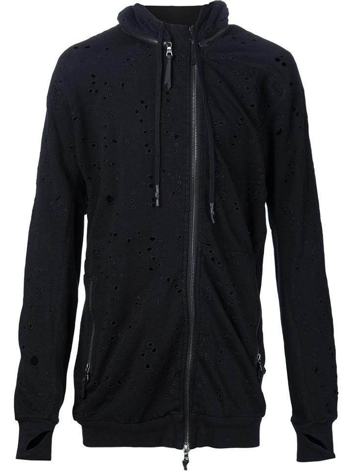 11 By Boris Bidjan Saberi Destroyed Hoodie, Men's, Size: M, Black, Cotton