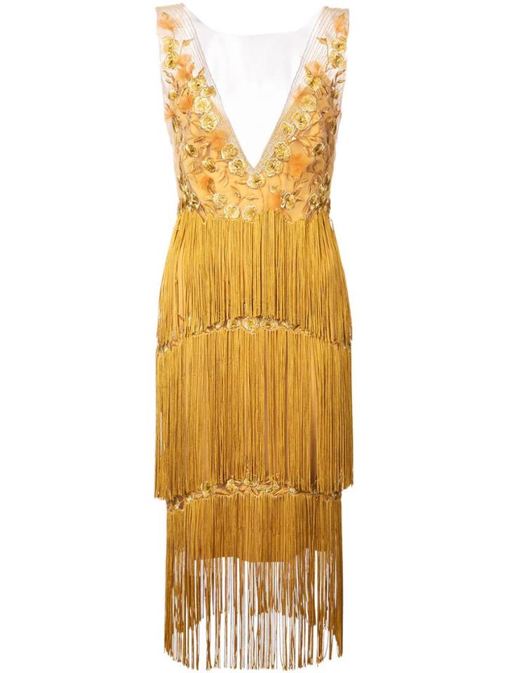 Marchesa Notte Floral Embroidery Fringed Dress - Gold