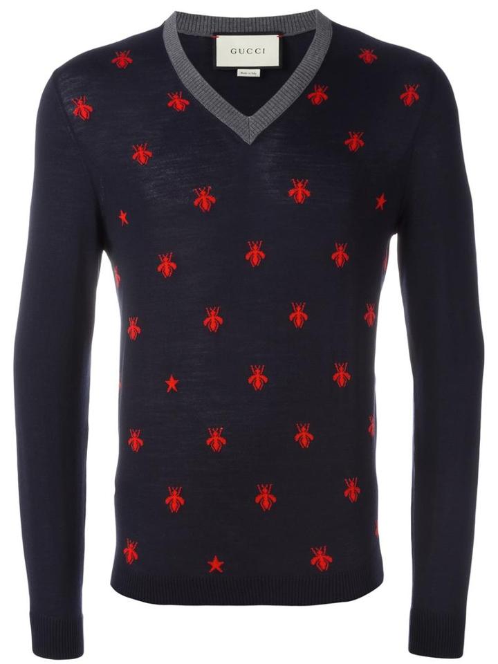 Gucci Bee And Star Embroidered Jumper, Men's, Size: Medium, Blue, Wool