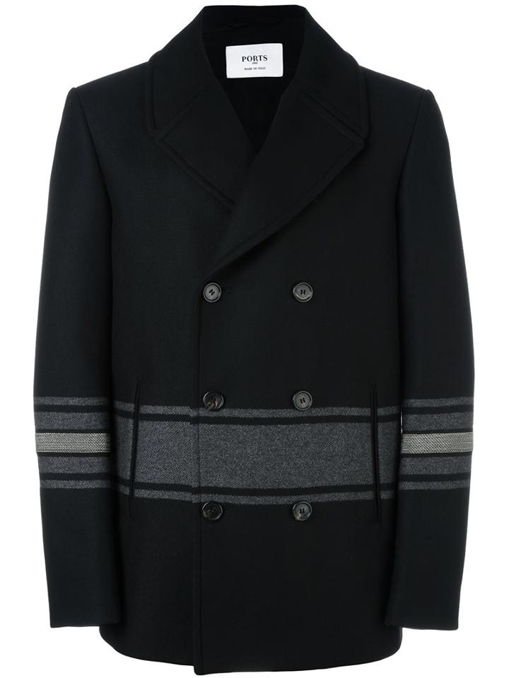 Ports 1961 Striped Double Breasted Coat, Men's, Size: 52, Black, Cotton/polyamide/cupro/wool