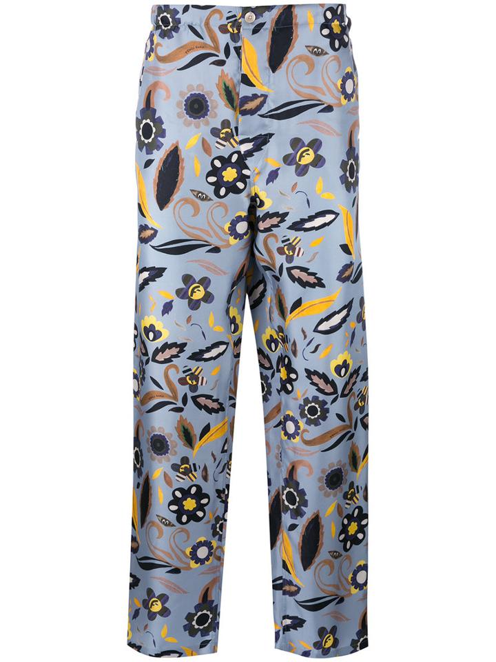 Fendi Floral Print Trousers, Men's, Size: 50, Blue, Silk