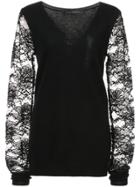 Sally Lapointe V-neck Pullover With Lace Sleeves - Black
