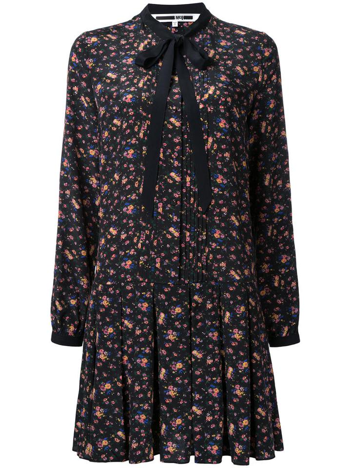 Mcq Alexander Mcqueen Pleated Floral Print Dress, Women's, Size: 40, Black, Polyamide
