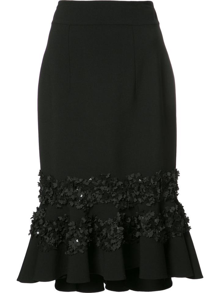 Carolina Herrera Floral Embroidery Ruffled Skirt, Women's, Size: 6, Black, Virgin Wool