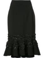 Carolina Herrera Floral Embroidery Ruffled Skirt, Women's, Size: 6, Black, Virgin Wool