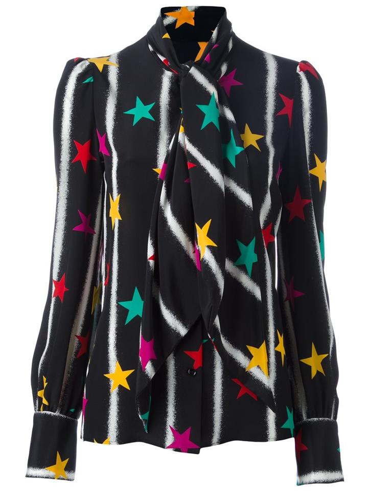 Saint Laurent Neck-tie Star Print Shirt, Women's, Size: 44, Black, Silk