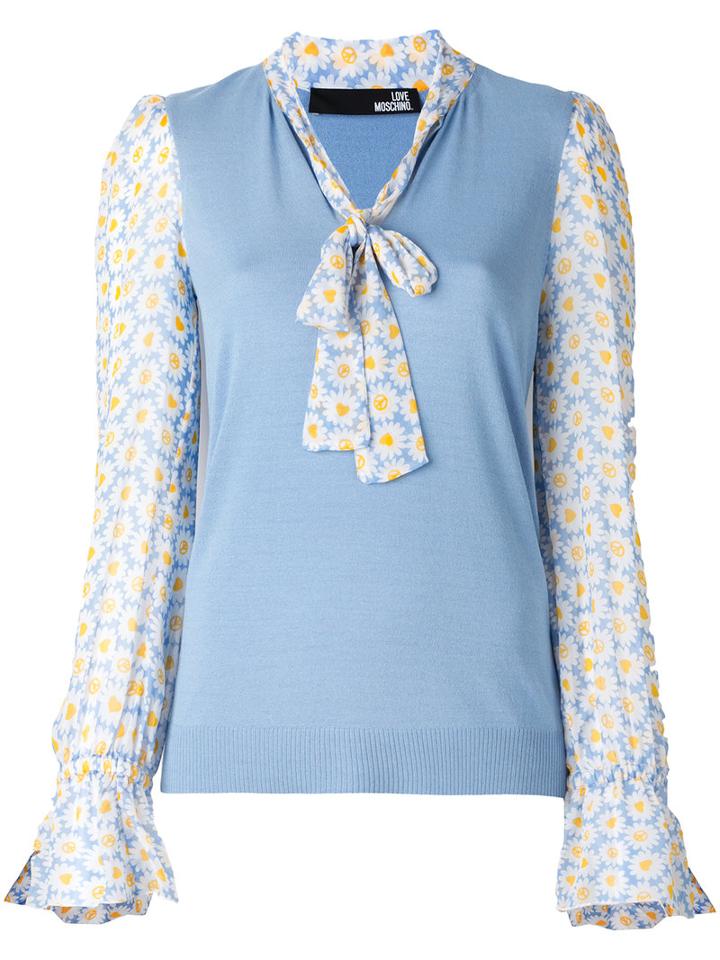 Love Moschino Floral Print Contrast Top, Women's, Size: 44, Blue, Viscose/polyester