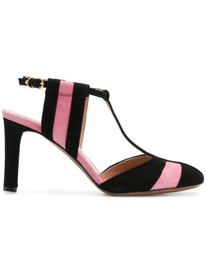 L'autre Chose Striped T-bar Sandals - Black