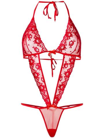 Folies By Renaud Lace Cut-out Bodysuit, Women's, Red, Nylon