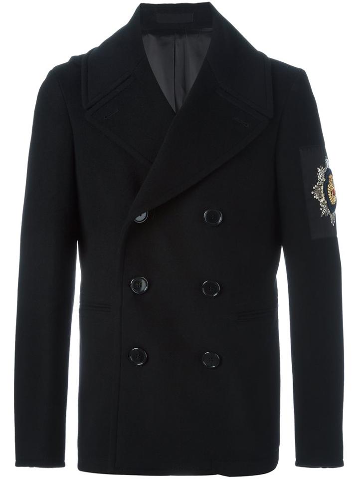 Alexander Mcqueen Embroidered Patch Peacoat, Men's, Size: 50, Black, Cotton/viscose/cashmere/glass
