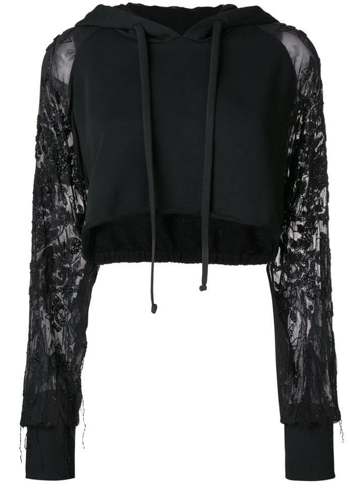 Amen Cropped Hoodie With Embroidered Sheer Sleeves - Black