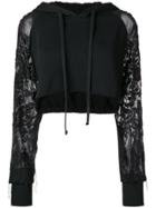 Amen Cropped Hoodie With Embroidered Sheer Sleeves - Black