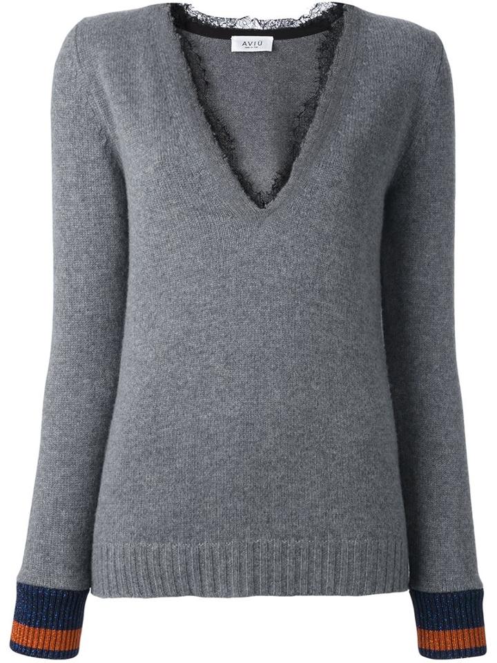 Aviù Lace V-neck Jumper, Women's, Size: 42, Grey, Polyamide/polyester/spandex/elastane/cashmere