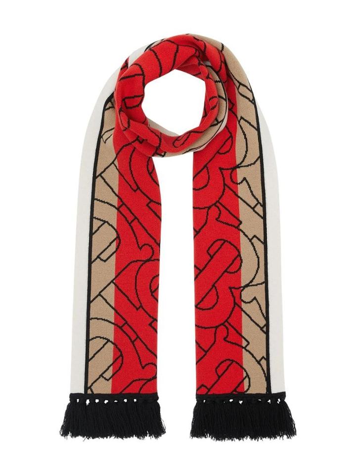 Burberry Striped Monogram Cashmere Jacquard Scarf - Red