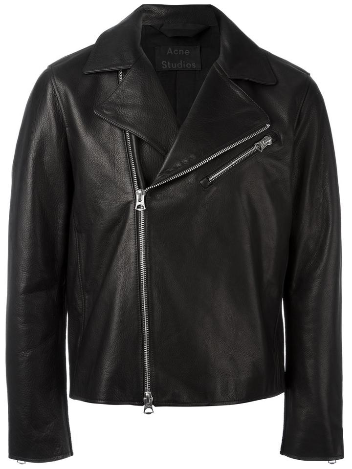 Acne Studios Asymmetric Zip Biker Jacket, Men's, Size: 50, Black, Cotton/leather/viscose