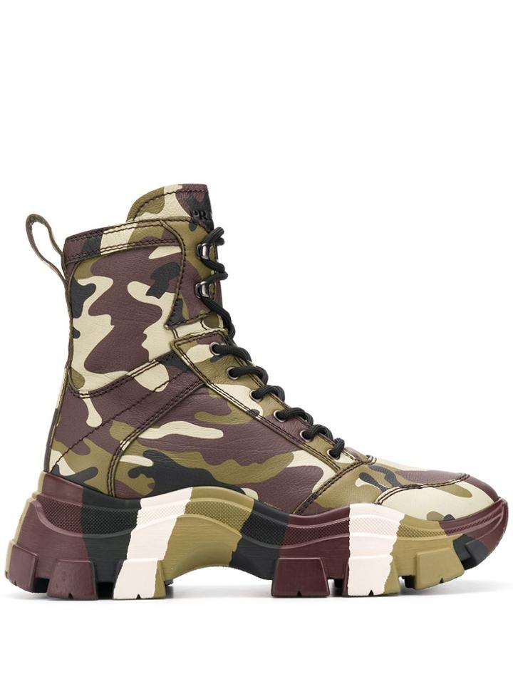 Prada Camouflage Print Combat Boots - Green