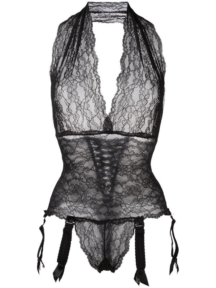 Folies By Renaud Lace Suspenders Bodysuit, Women's, Size: Medium, Black, Nylon